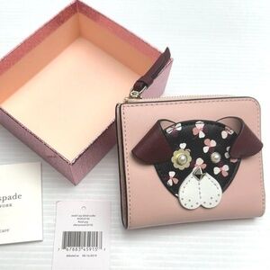 Rare Kate Spade New York Pink Leather Cherrywood L-Zip Bifold Floral Pup wallet